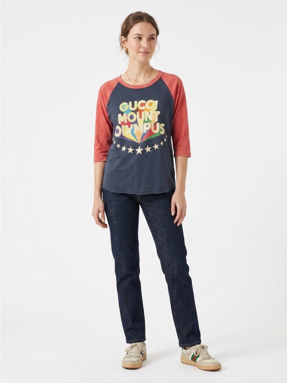 Gucci Navy Graphic Raglan Tee with Coral Sleeves